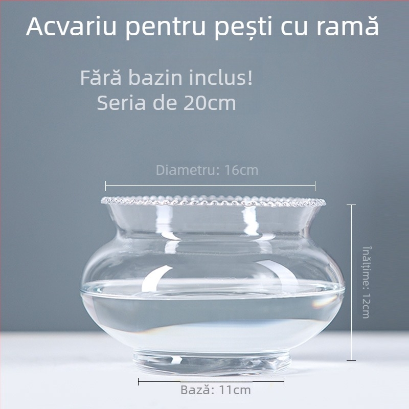 Acvariu rotund din sticlă, de birou, pentru peștișori, cu afișaj hidroponic pentru plante (Material: Sticlă; Formă: Rotund; Poziționare: Desktop; Funcție: Afișaj hidroponic de plante)