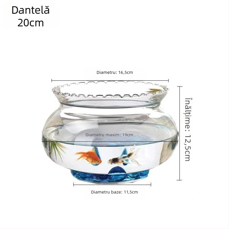 Acvariu rotund din sticlă, de birou, pentru peștișori, cu afișaj hidroponic pentru plante (Material: Sticlă; Formă: Rotund; Poziționare: Desktop; Funcție: Afișaj hidroponic de plante)