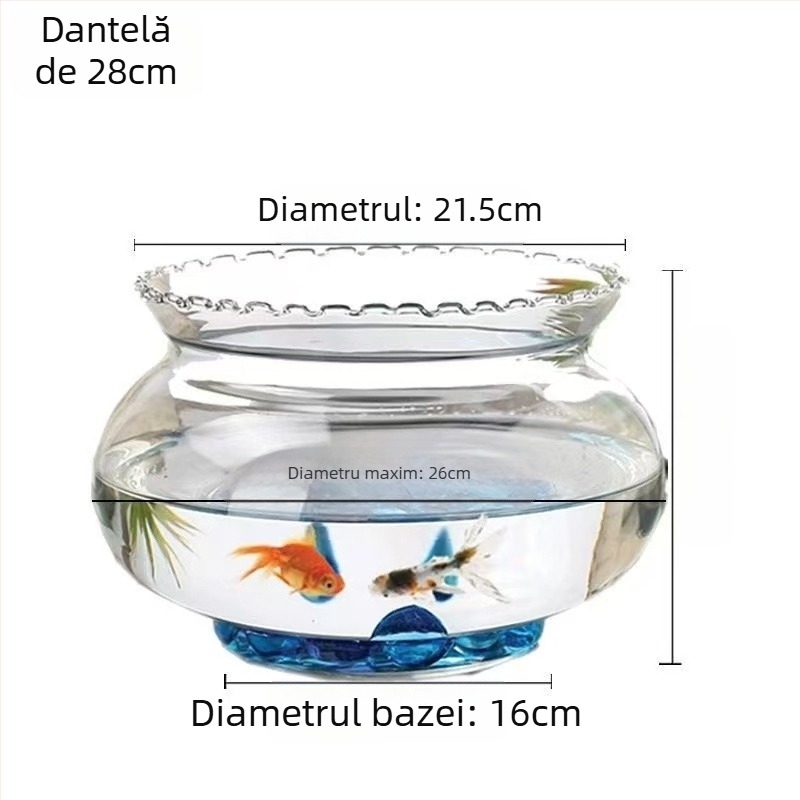 Acvariu rotund din sticlă, de birou, pentru peștișori, cu afișaj hidroponic pentru plante (Material: Sticlă; Formă: Rotund; Poziționare: Desktop; Funcție: Afișaj hidroponic de plante)