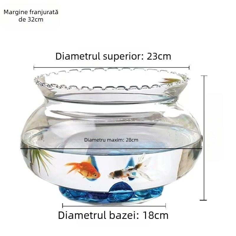 Acvariu rotund din sticlă, de birou, pentru peștișori, cu afișaj hidroponic pentru plante (Material: Sticlă; Formă: Rotund; Poziționare: Desktop; Funcție: Afișaj hidroponic de plante)