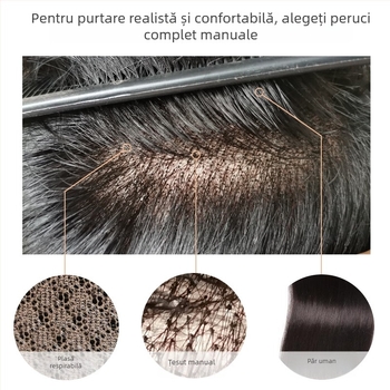Perucă pentru bărbați, păr uman real, țesută manual complet, poate fi vopsită, origine Henan