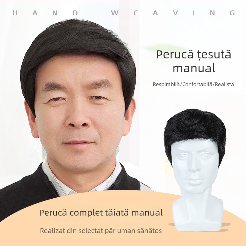 Perucă pentru bărbați, păr uman real, țesută manual complet, poate fi vopsită, origine Henan