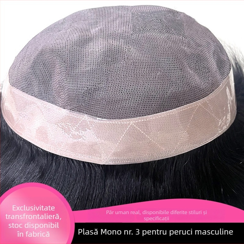 Perucă masculină cu capac mono, margine PU, păr real uman, realizare manuală completă, nu poate fi vopsită