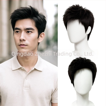 Perucă pentru bărbați din păr uman real, ușoară și respirabilă, lungime scurtă, realizată manual, poate fi vopsită