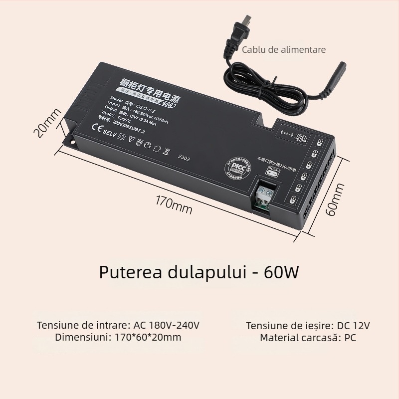 Sursă de alimentare pentru iluminat dulap cu întrerupător, 12V/24V, interfață DuPont, IP20, CE, eficiență 99%