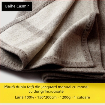 Pătură din lână cu jacquard dublu, dungi încrucișate, 1000–1499 g, potrivită pentru toate sezoanele