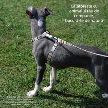 Lesă pentru câini în formă I, reglabilă, anti-ruptură, în stil vestă, pentru câini de talie mică; materiale: poliester, rășină poliacetală, aliaj de zinc