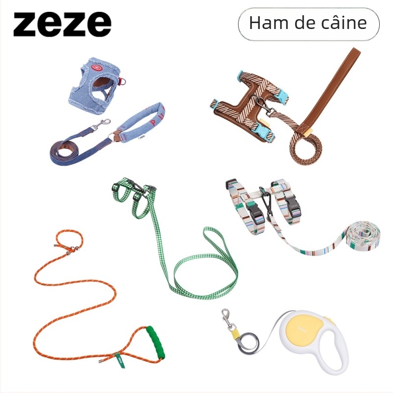 Lesă pentru câini în formă I, reglabilă, anti-ruptură, în stil vestă, pentru câini de talie mică; materiale: poliester, rășină poliacetală, aliaj de zinc