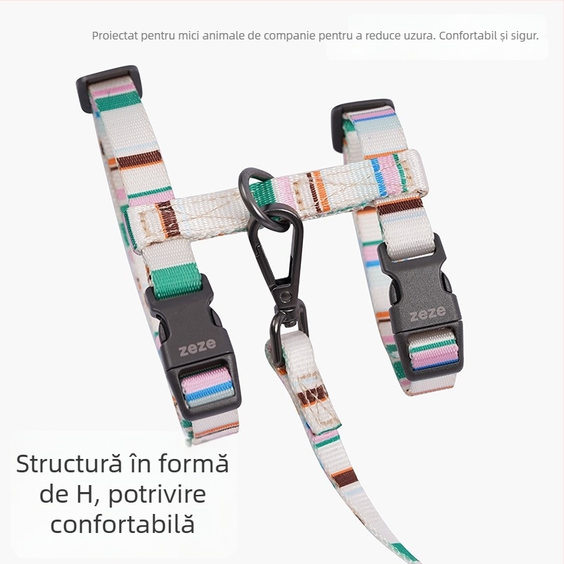 Lesă pentru câini în formă I, reglabilă, anti-ruptură, în stil vestă, pentru câini de talie mică; materiale: poliester, rășină poliacetală, aliaj de zinc