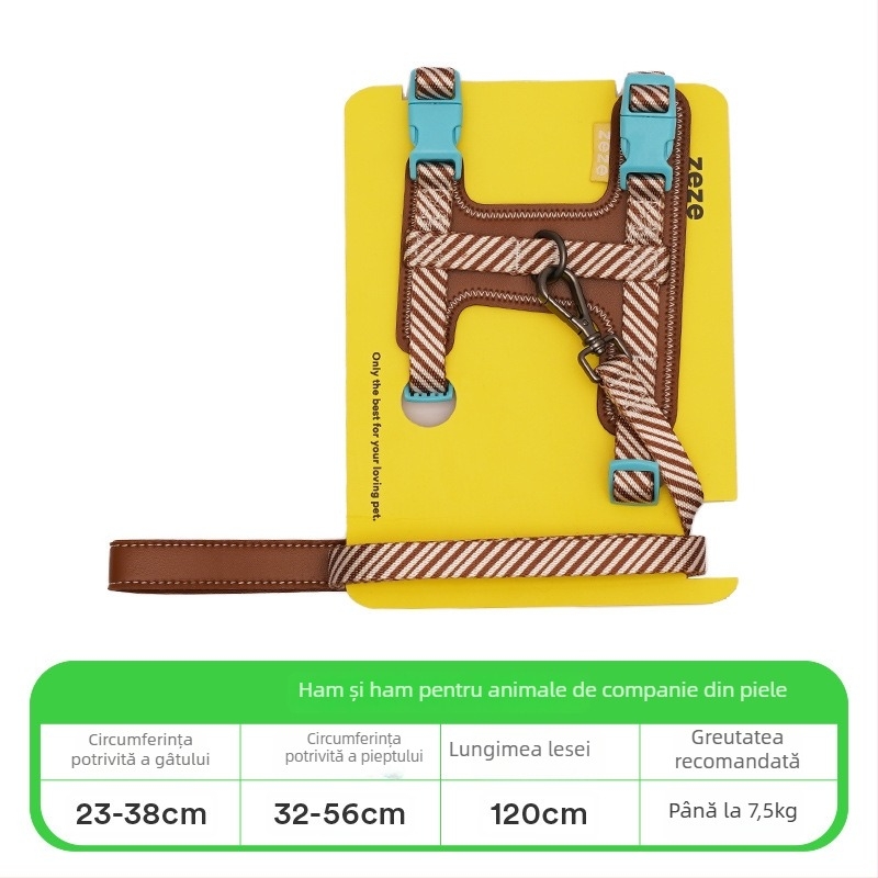 Lesă pentru câini în formă I, reglabilă, anti-ruptură, în stil vestă, pentru câini de talie mică; materiale: poliester, rășină poliacetală, aliaj de zinc