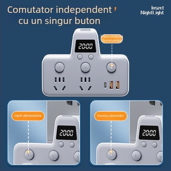 Prelungitor cu USB porturi, lampă de noapte, întrerupător independent cu afișaj de timp, 10A, 220–250V