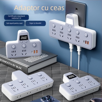 Prelungitor cu USB porturi, lampă de noapte, întrerupător independent cu afișaj de timp, 10A, 220–250V