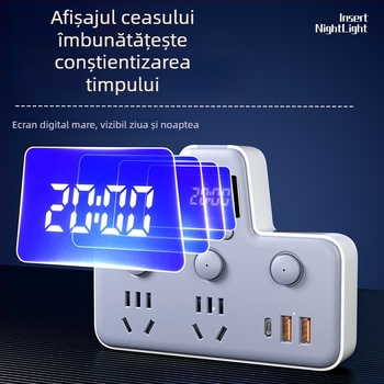 Prelungitor cu USB porturi, lampă de noapte, întrerupător independent cu afișaj de timp, 10A, 220–250V