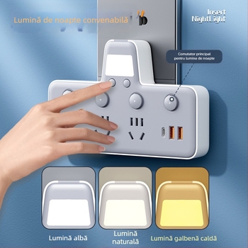 Prelungitor cu USB porturi, lampă de noapte, întrerupător independent cu afișaj de timp, 10A, 220–250V