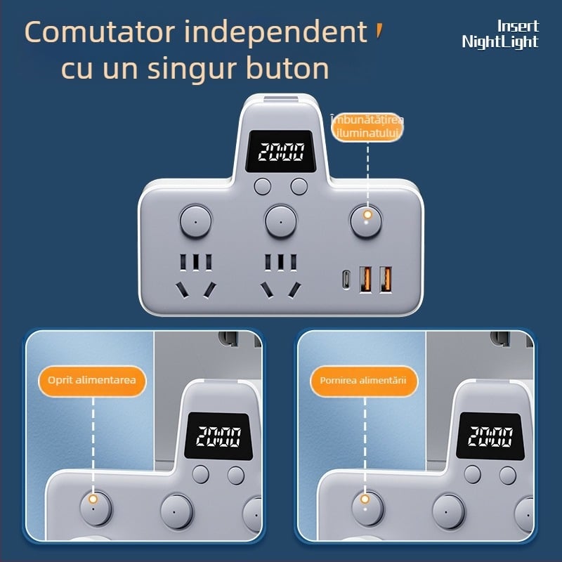 Prelungitor cu USB porturi, lampă de noapte, întrerupător independent cu afișaj de timp, 10A, 220–250V