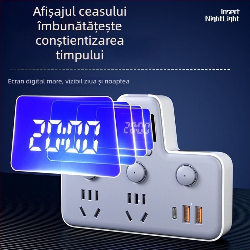Prelungitor cu USB porturi, lampă de noapte, întrerupător independent cu afișaj de timp, 10A, 220–250V