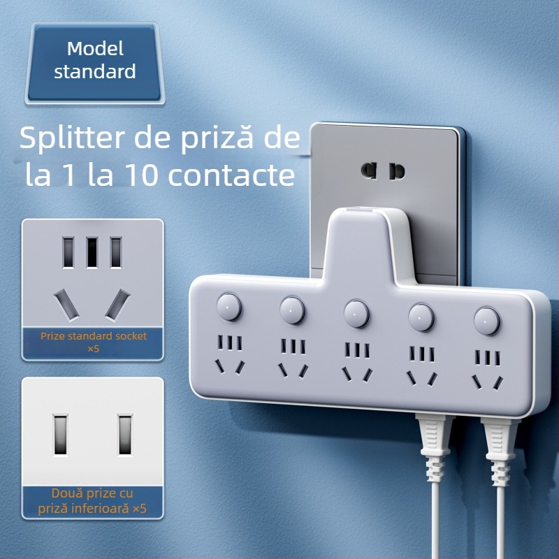 Prelungitor cu USB porturi, lampă de noapte, întrerupător independent cu afișaj de timp, 10A, 220–250V