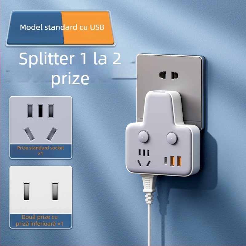 Prelungitor cu USB porturi, lampă de noapte, întrerupător independent cu afișaj de timp, 10A, 220–250V