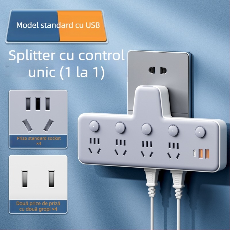 Prelungitor cu USB porturi, lampă de noapte, întrerupător independent cu afișaj de timp, 10A, 220–250V