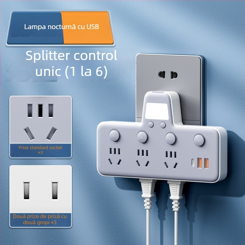 Prelungitor cu USB porturi, lampă de noapte, întrerupător independent cu afișaj de timp, 10A, 220–250V