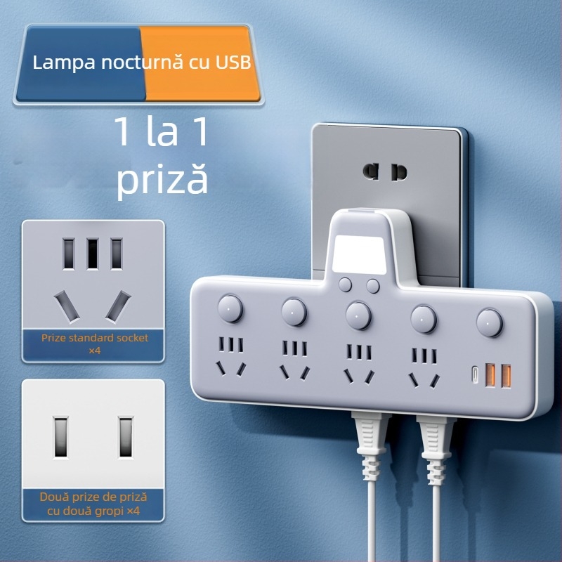 Prelungitor cu USB porturi, lampă de noapte, întrerupător independent cu afișaj de timp, 10A, 220–250V