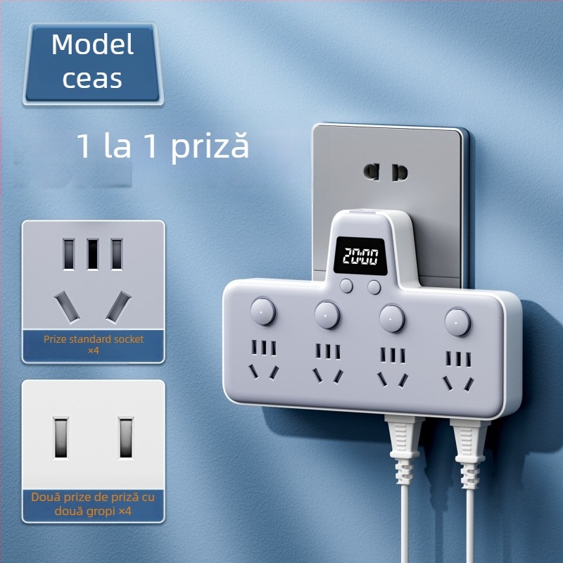 Prelungitor cu USB porturi, lampă de noapte, întrerupător independent cu afișaj de timp, 10A, 220–250V