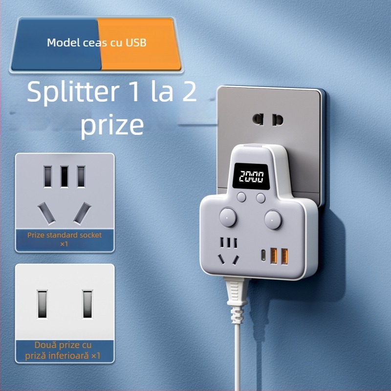 Prelungitor cu USB porturi, lampă de noapte, întrerupător independent cu afișaj de timp, 10A, 220–250V