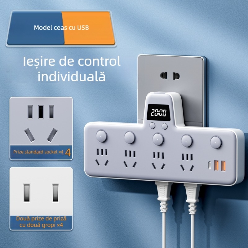Prelungitor cu USB porturi, lampă de noapte, întrerupător independent cu afișaj de timp, 10A, 220–250V
