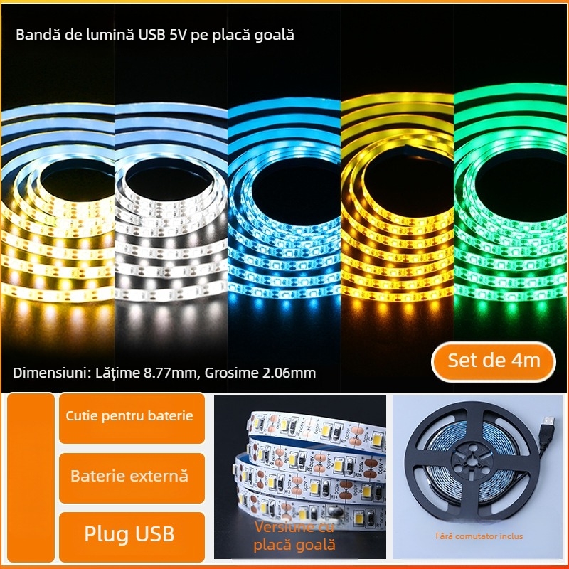 Bandă LED monocromă, cu spate autoadeziv, USB 5V, 60 LED (2835), 5W, fără reglaj intensitate, pentru fundal TV
