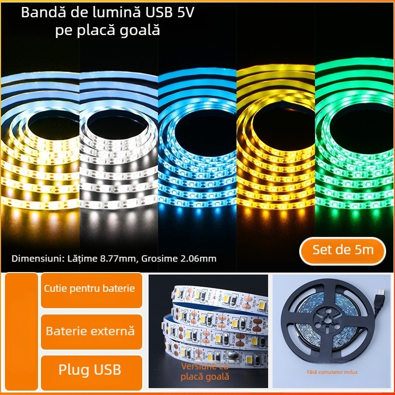 Bandă LED monocromă, cu spate autoadeziv, USB 5V, 60 LED (2835), 5W, fără reglaj intensitate, pentru fundal TV