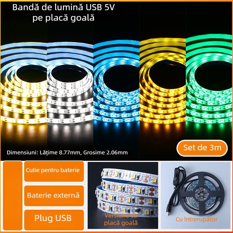Bandă LED monocromă, cu spate autoadeziv, USB 5V, 60 LED (2835), 5W, fără reglaj intensitate, pentru fundal TV