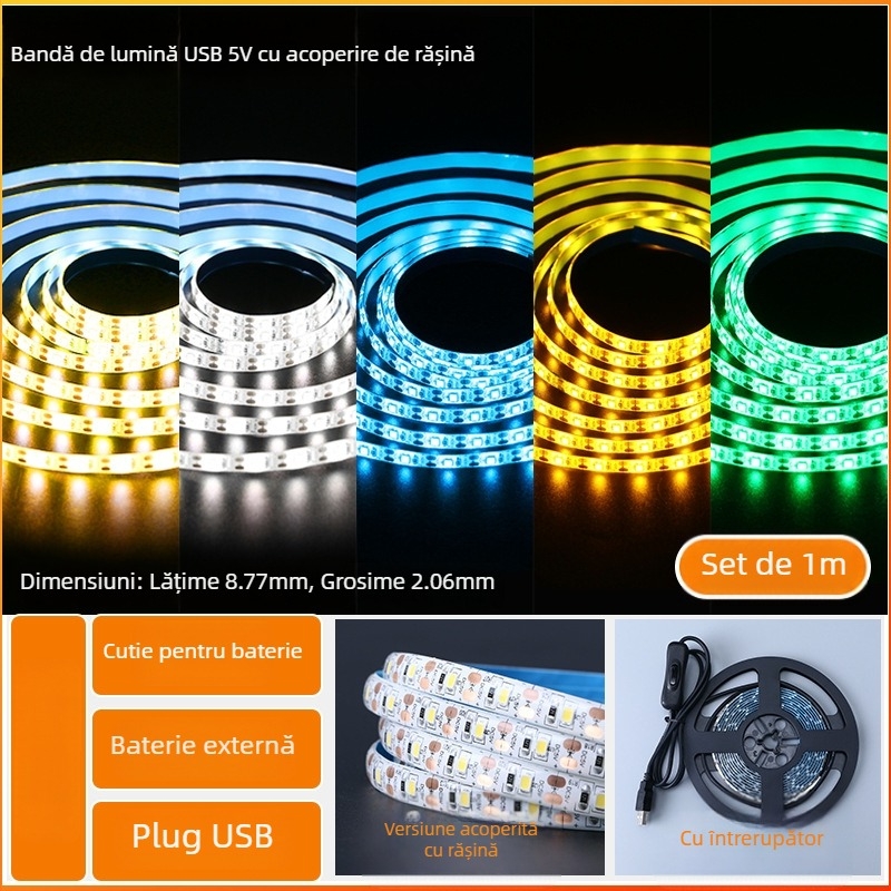 Bandă LED monocromă, cu spate autoadeziv, USB 5V, 60 LED (2835), 5W, fără reglaj intensitate, pentru fundal TV