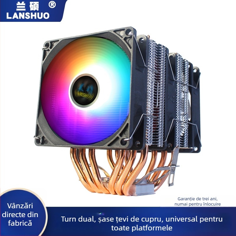 Cooler procesor Ice Tower 600, 6 țevi din cupru pentru transfer termic, îmbinare cupru-aluminiu, lagăr hidraulic, funcționare silențioasă, 2000 RPM