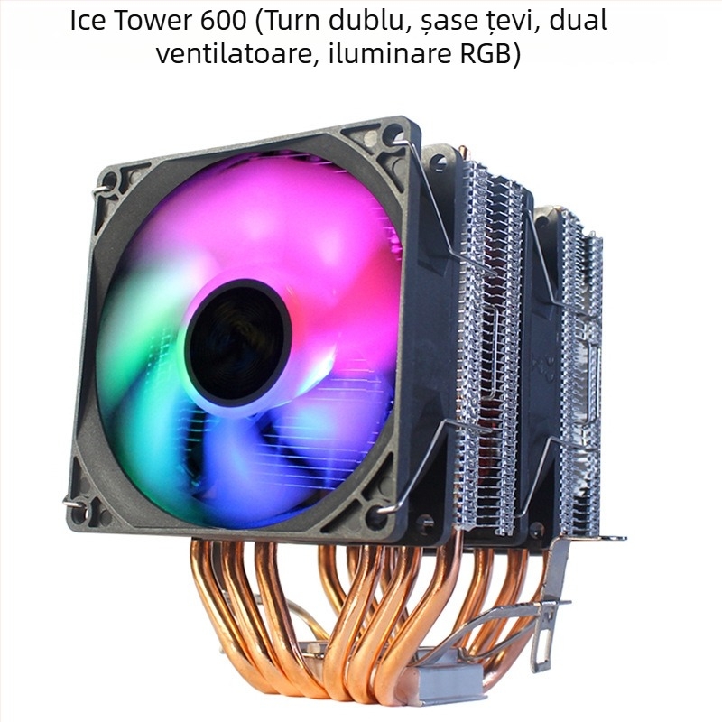 Cooler procesor Ice Tower 600, 6 țevi din cupru pentru transfer termic, îmbinare cupru-aluminiu, lagăr hidraulic, funcționare silențioasă, 2000 RPM