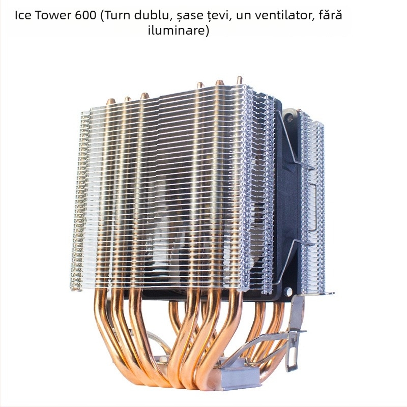 Cooler procesor Ice Tower 600, 6 țevi din cupru pentru transfer termic, îmbinare cupru-aluminiu, lagăr hidraulic, funcționare silențioasă, 2000 RPM