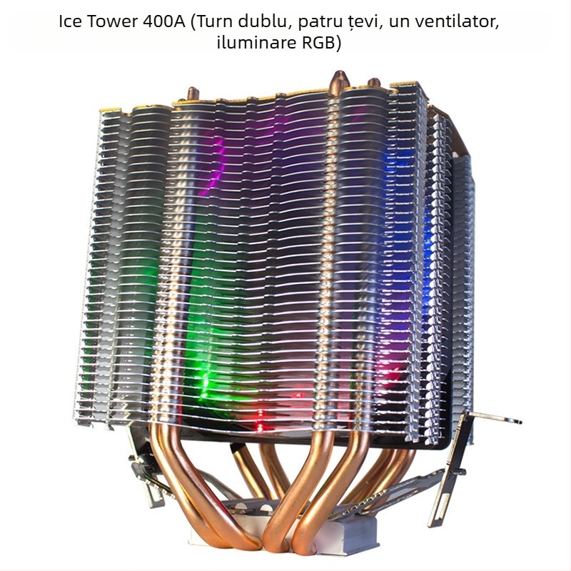 Cooler procesor Ice Tower 600, 6 țevi din cupru pentru transfer termic, îmbinare cupru-aluminiu, lagăr hidraulic, funcționare silențioasă, 2000 RPM
