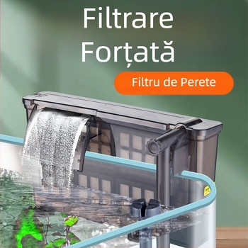 Filtru de acvariu montat pe perete, eliminare peliculă de ulei, oxigenare și purificare cu circulație a apei în trei moduri; pompă externă compactă, silențioasă, în stil cascadă