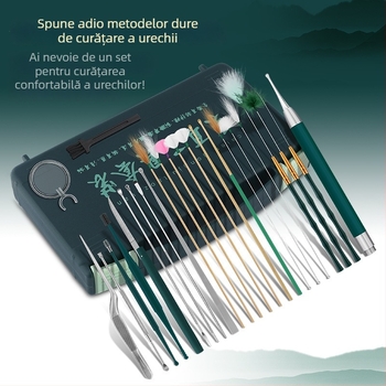 Set cu lingurițe luminoase pentru urechi pentru copii, cu lupă; materiale: oțel inoxidabil, plastic, bambus; 100 bucăți; logo imprimat