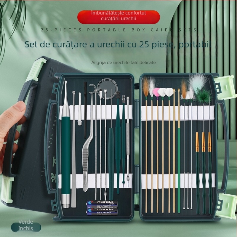 Set cu lingurițe luminoase pentru urechi pentru copii, cu lupă; materiale: oțel inoxidabil, plastic, bambus; 100 bucăți; logo imprimat