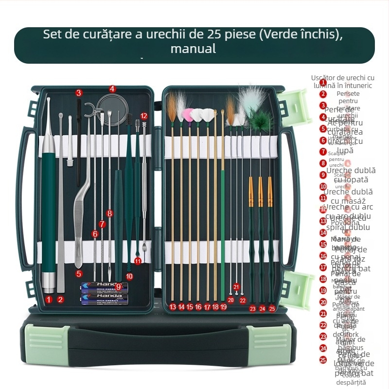 Set cu lingurițe luminoase pentru urechi pentru copii, cu lupă; materiale: oțel inoxidabil, plastic, bambus; 100 bucăți; logo imprimat