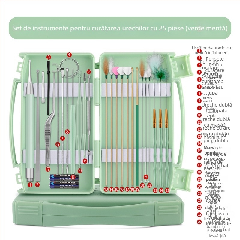 Set cu lingurițe luminoase pentru urechi pentru copii, cu lupă; materiale: oțel inoxidabil, plastic, bambus; 100 bucăți; logo imprimat