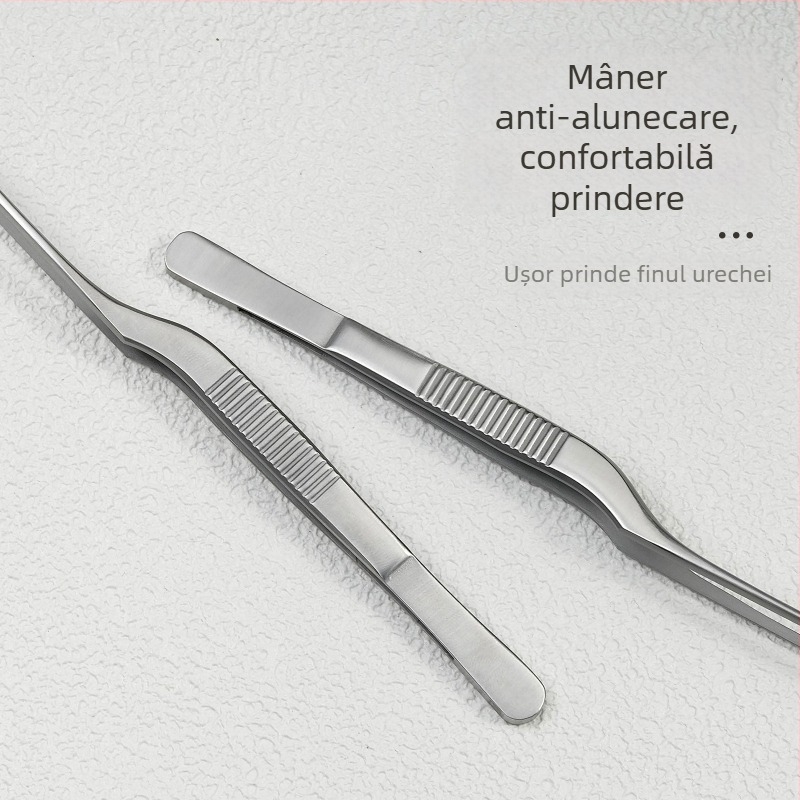 Pensetă pentru curățarea urechii din oțel inoxidabil, cu design de cot de pistol, mâner antiderapant și vârfuri dințate — pentru îndepărtarea cerumenului și a obiectelor străine, Little Plum