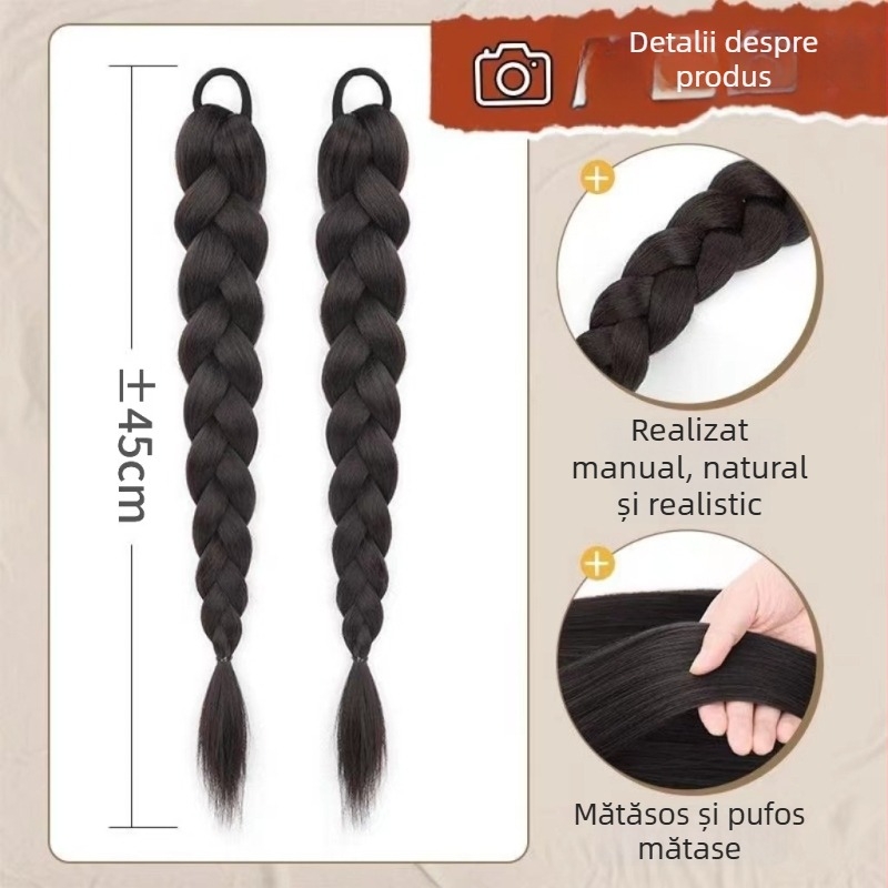 Perucă cu coadă împletită, bucle naturale realiste, țesută manual cu fibre rezistente la temperatură, potrivită pentru toate formele feței, fără vopsire sau permamentare