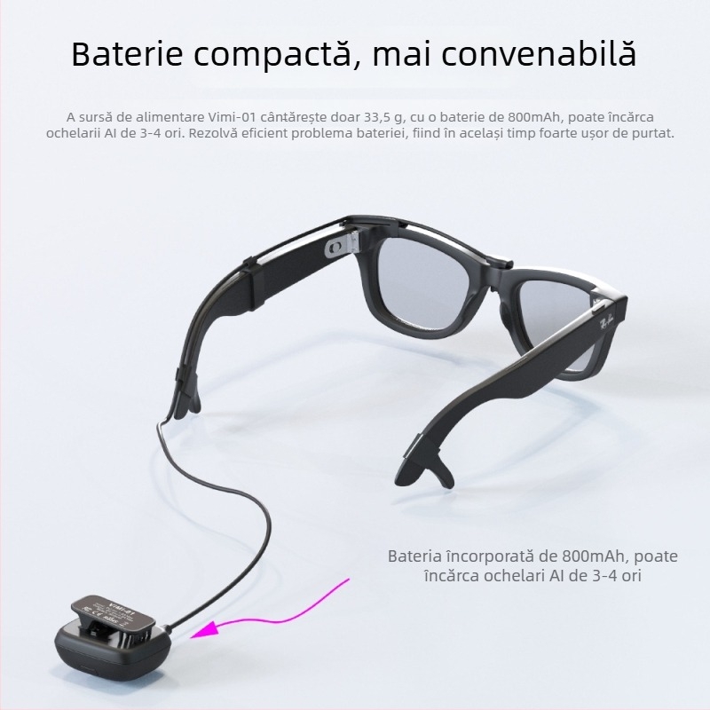 Sursă de energie portabilă pentru Meta Ray-Ban Smart Glasses cu interfață USB-C, carcasă ABS, MR002, 67 g