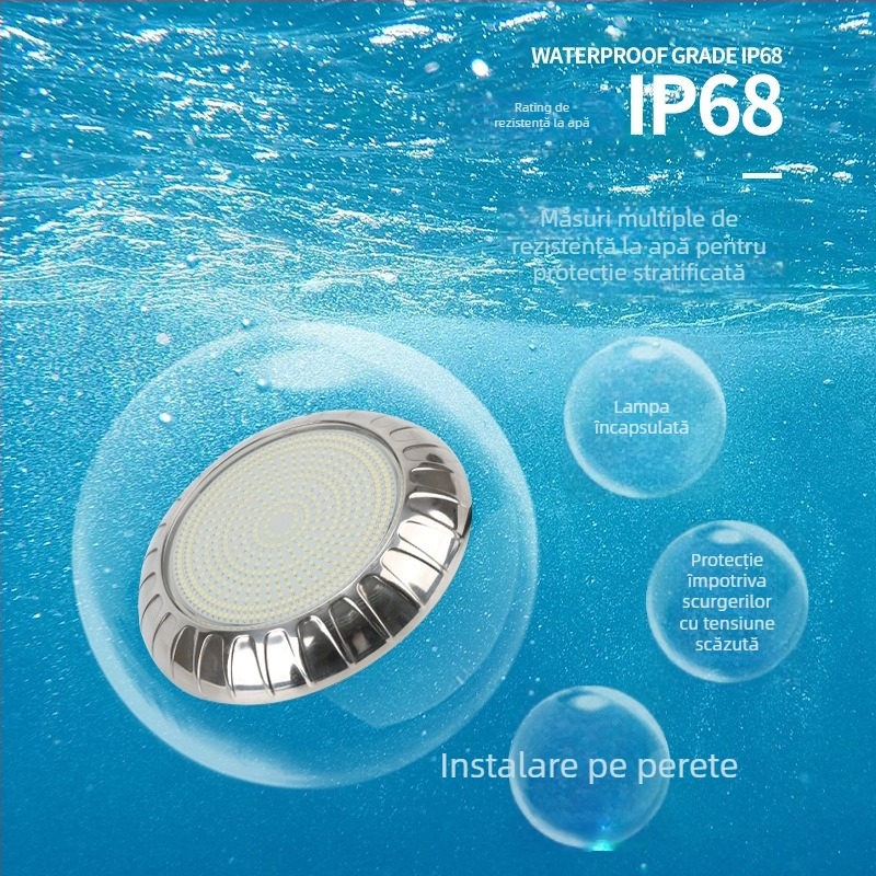Lampa LED subacvatică pentru montaj pe perete, IP68, intrare 12V AC, dimensiuni 220×35 mm, carcasă din oțel inoxidabil + PC