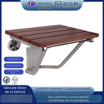 Blue Shield scaun de baie pliabil fără obstacole, cadru din lemn antiseptic și oțel inoxidabil; potrivit pentru baie, casă, spital, azil, hotel