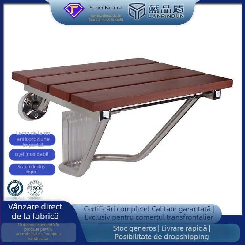 Blue Shield scaun de baie pliabil fără obstacole, cadru din lemn antiseptic și oțel inoxidabil; potrivit pentru baie, casă, spital, azil, hotel