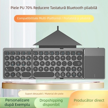 Tastatură Bluetooth cu husă din piele PU, design pliabil în trei părți, control prin atingere, ABS, până la 87 de taste