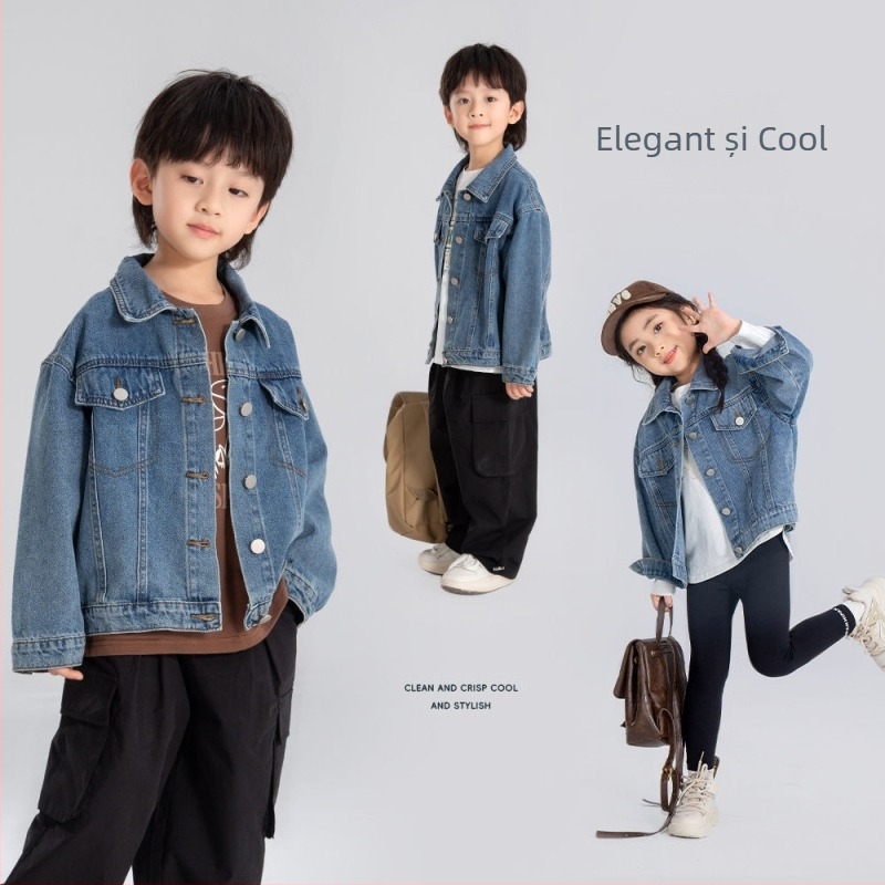 Jachetă denim pentru copii – stil coreean, guler în V, monocrom, din bumbac, pentru nou-născuți 0–1 ani