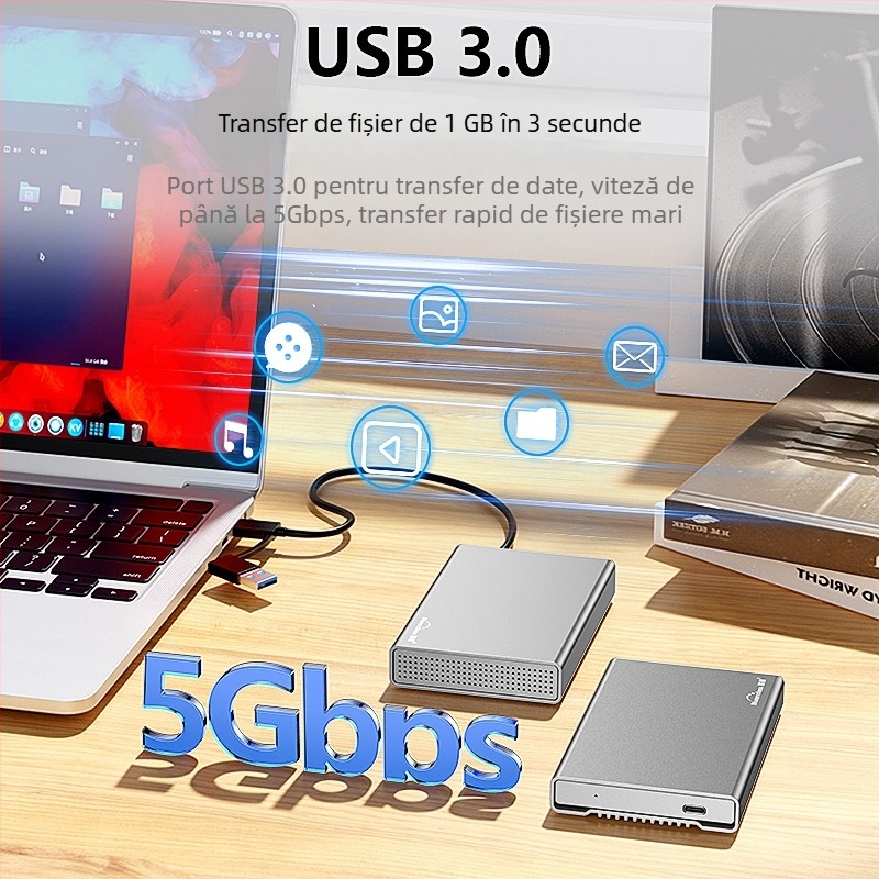 Carcasă externă SATA pentru hard disk, din aluminiu solid, USB-C, până la 4TB, USB 3.0 5Gbps